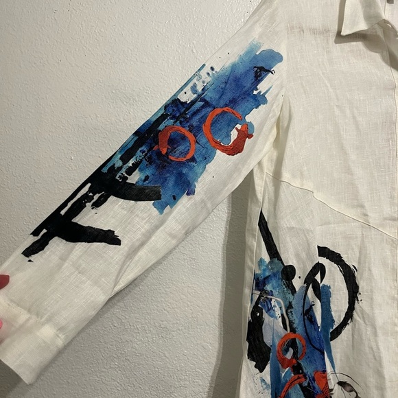 Citron Santa Monica Top Small Womens White Linen Art Asymmetrical Button Tunic - Picture 2 of 14